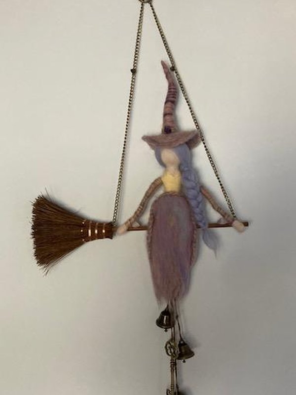Handmade Needlefelt Witch with Broom – Hanging Wall Decor with Bells